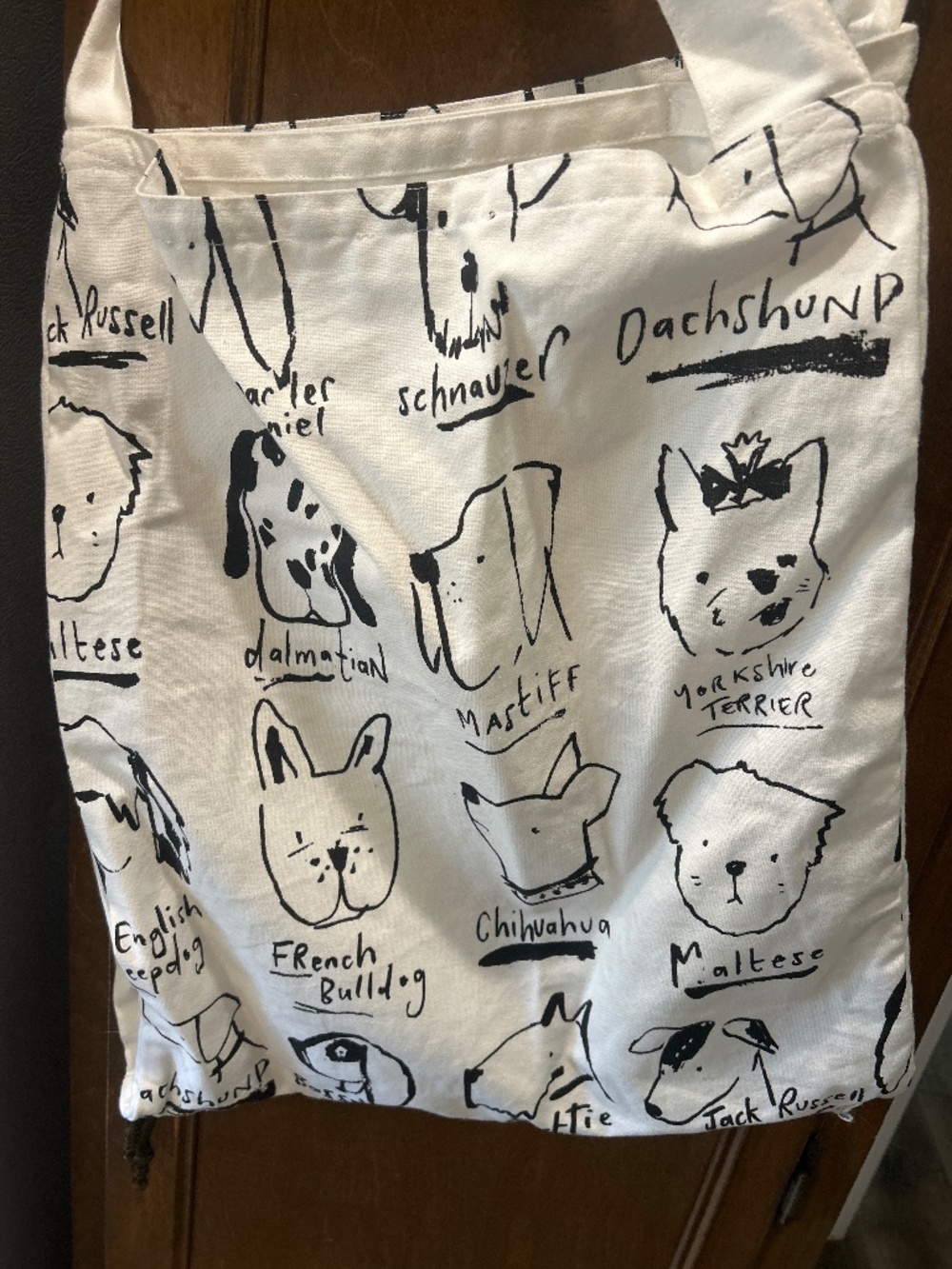 Dog Breed Print Tote Bag, Large, Black and White, Pockets